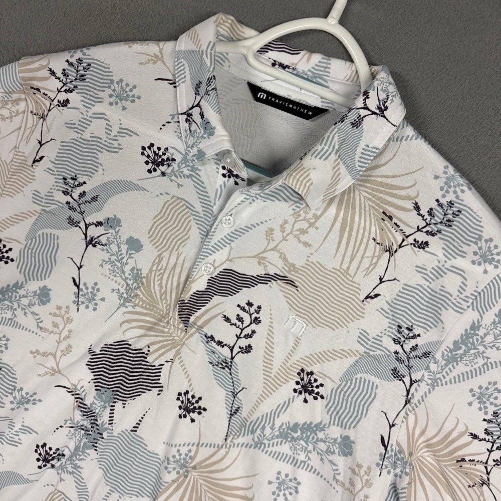 Travis Mathew Polo Shirt Mens Large White Floral Botanical Print Short Sleeve